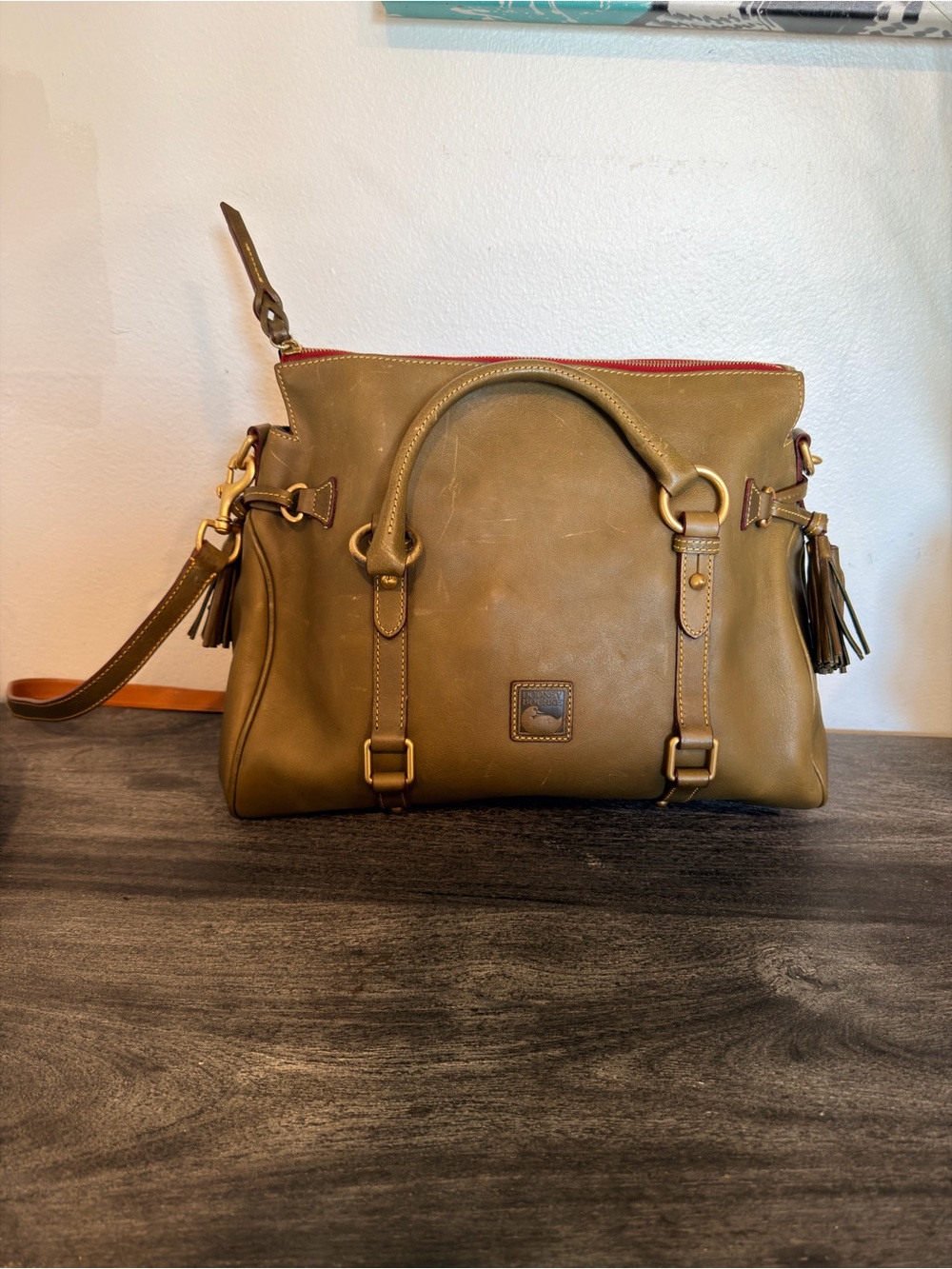 Dooney & Bourke Olive Green Leather Satchel with Red Trim